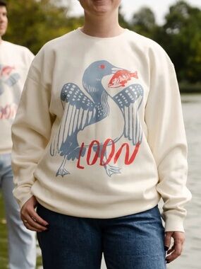 NWOT Bird Collective Cream Graphic Crewneck Sweatshirt Blue & Red Loon Motif